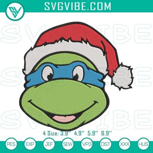 Leonardo Ninja Turtle wearing Santa hat embroidery design for Christmas, TMNT character file with festive holiday theme.