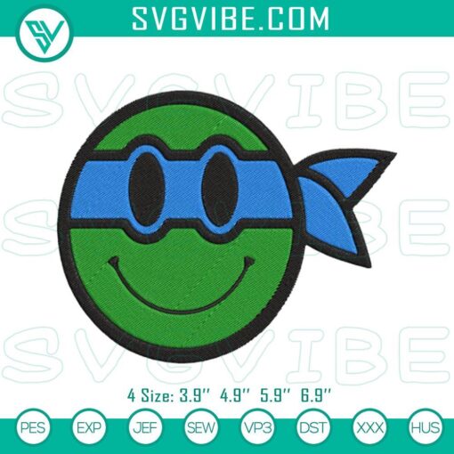 Leonardo TMNT smiley face embroidery design for Teenage Mutant Ninja Turtle fans. Fun and colorful digital file for custom projects.