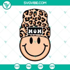 Leopard print beanie mom smiley face SVG download with mom and smiley face graphics, ideal for crafting projects.