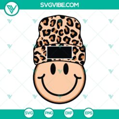 Leopard print beanie with smiling face design, SVG PNG DXF EPS cut files, digital download for crafts and apparel creation.