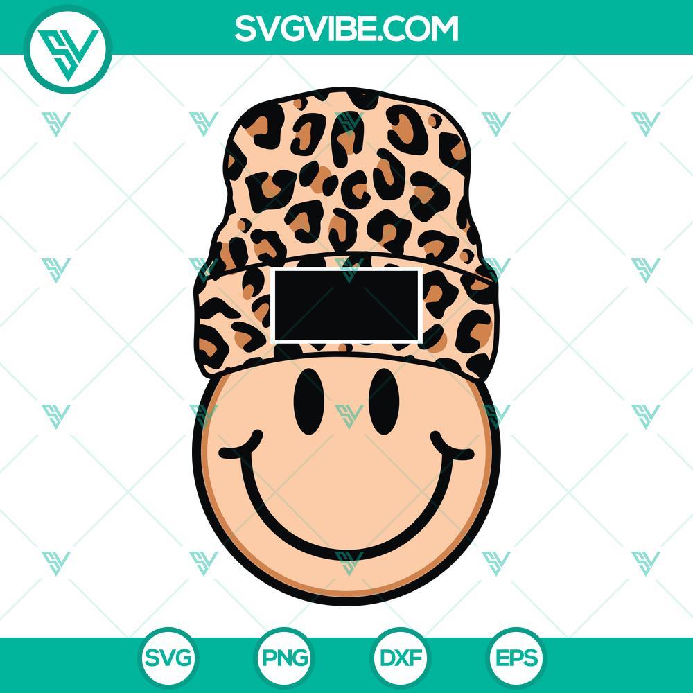 Leopard Beanie Smiley Face SVG PNG DXF EPS Cut Files Leopard print beanie with smiling face design, SVG PNG DXF EPS cut files, digital download for crafts and apparel creation.