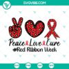 Leopard print Peace Love Cure design for Red Ribbon Week digital cut files in SVG, PNG, DXF, and EPS formats.