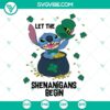 St Patrick's Day SVG design with Let The Shenanigans Begin Stitch, Shamrock, and Leprechaun illustrations for digital download.