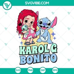 Lilo And Stitch Karol G Bonito, La Bichota, Stitch Manana SVG images with vibrant designs and characters for digital use.