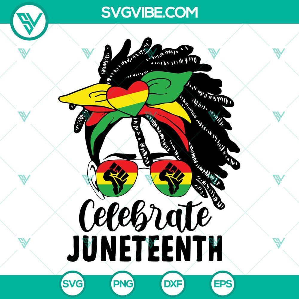 locd-hair-black-woman-messy-bun-celebrate-juneteenth-svg-dreadlocks-hair-juneteenth-svg-messy-bun-juneteenth-svg-7-mockup.jpg Locd Hair Black Woman Messy Bun Celebrate Juneteenth SVG Download: Festive design with woman celebrating Juneteenth with intricate locs hairstyle.