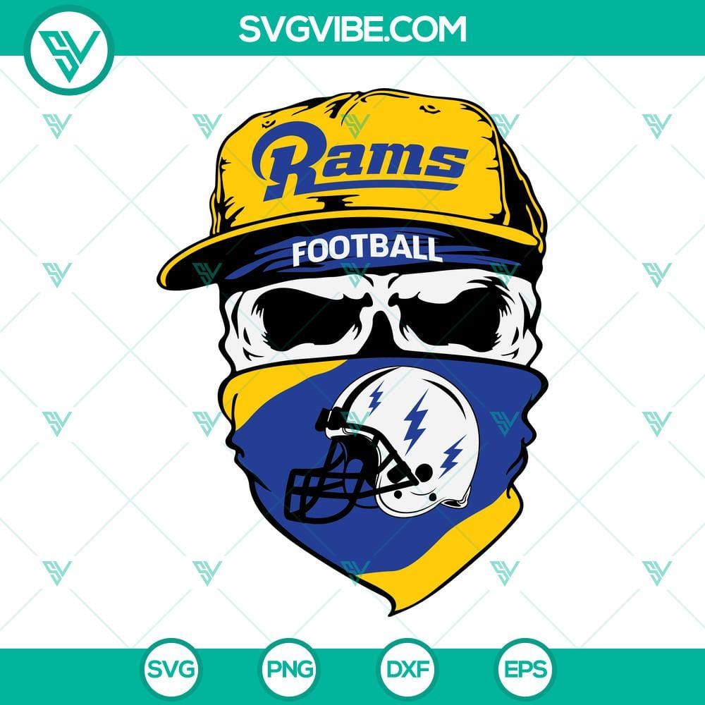Los Angeles Rams Skull SVG, Rams Football SVG PNG DXF EPS Cut Files Los Angeles Rams football skull SVG file, downloadable in PNG, DXF, EPS formats for cutting.