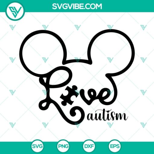 Autism Mickey Head SVG with Puzzle Piece Design for Autism Awareness, Love Autism SVG File, ideal for crafting projects.