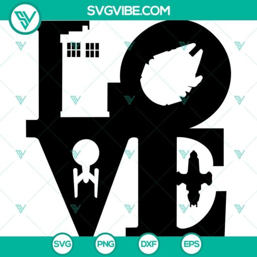Sci Fi themed SVG image bundle featuring Doctor Who and Star Wars characters in PNG, DXF, and EPS formats.