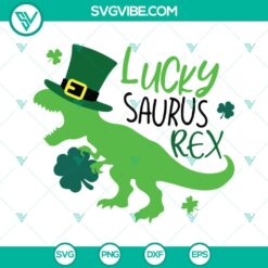 Lucky Saurus Rex SVG download with Tyrannosaurus in leprechaun hat, St Patrick's Day themed design with green and gold elements.