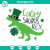 Lucky Saurus Rex SVG featuring a Tyrannosaurus Rex wearing a leprechaun hat for St. Patrick's Day, green dinosaur design.