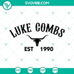 Vintage Luke Combs Est 1990 SVG files with retro country Western designs in PNG, DXF, and EPS formats for digital crafting.