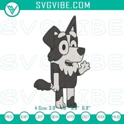 Mackenzie Border Collie embroidery design inspired by Bluey cartoon dog, versatile digital file for crafters and dog lovers.