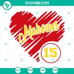 Patrick Mahomes Kansas City Chiefs heart-shaped SVG design for digital projects. #Mahomes15 #Chiefs SVG files.