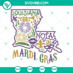 Louisiana map SVG with Nola and Fleur De Lis designs for Mardi Gras celebration, Mardi Gras SVG files.