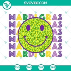 Mardi Gras themed smiley face SVG download with a leopard print happy face design in a retro style. Great for DIY projects.