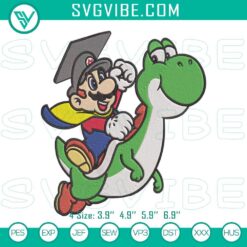 Embroidery design of Mario and Yoshi celebrating graduation, perfect for Super Mario fans. High-quality senior year file.
