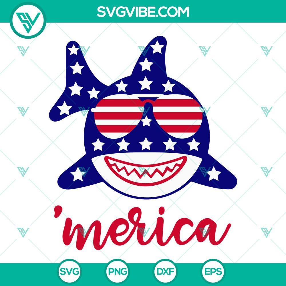 merica-shark-svg-shark-us-flag-sunglasses-svg-july-4th-svg-happy-usa-independence-svg-png-dxf-eps-files-5-mockup.jpg Merica Shark SVG with US flag sunglasses, perfect for July 4th designs. Ideal for patriotic projects and Independence Day crafts.