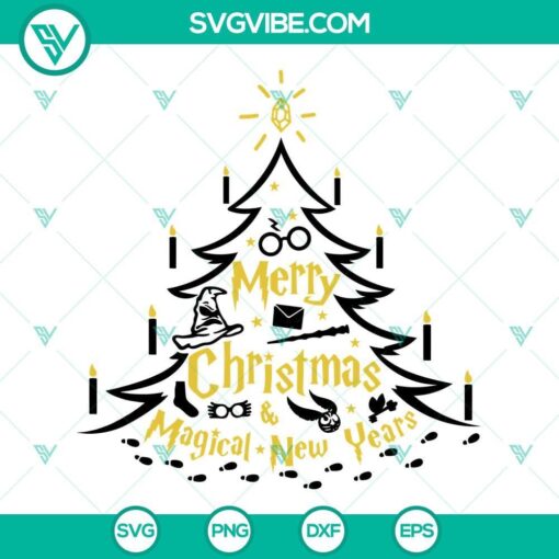 Harry Potter themed Merry Christmas and Magical New Years SVG file with wizard hat, snowflakes, and magical elements for Christmas crafting projects.