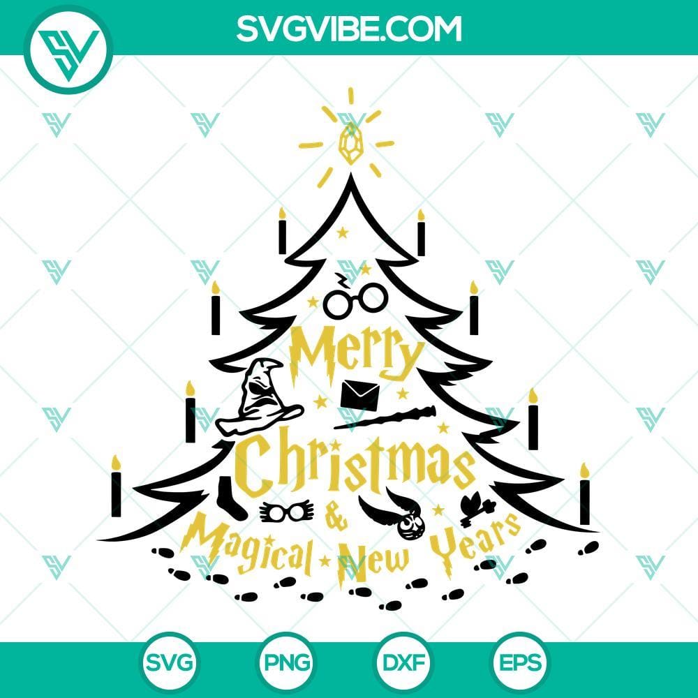 Merry Christmas And Magical New Years SVG File, Harry Potter Christmas Harry Potter themed Merry Christmas and Magical New Years SVG file with wizard hat, snowflakes, and magical elements for Christmas crafting projects.