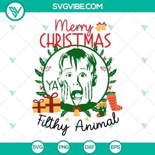 Merry Christmas Ya Filthy Animal SVG files inspired by Kevin from Home Alone. Festive and hilarious holiday design in PNG format.