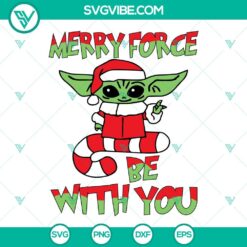 Merry Force Be With You SVG featuring Baby Yoda in a Santa Hat from Star Wars - Festive holiday design for craft projects.