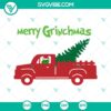 Grinchmas SVG file featuring a Grinch Christmas truck delivering a Christmas tree. Festive holiday design for crafting projects.