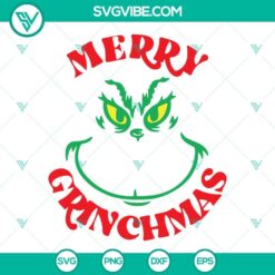 Grinch-themed Christmas SVG files for download, featuring Grinch Face and Merry Grinchmas designs.