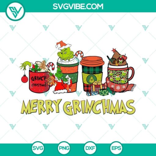 Grinch-themed Merry Christmas coffee cup SVG files for download - perfect for holiday crafting projects.