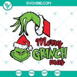Grinch-themed SVG files - Merry Grinchmas design, Grinch in hand, and Grinch face. Perfect for holiday crafts.