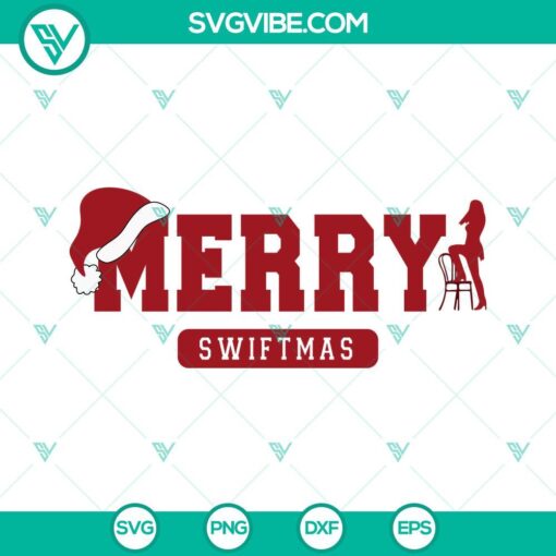 Taylor Swift Christmas SVG image with "Merry Swiftmas" text in various formats like PNG, EPS, and DXF, ideal for holiday crafting projects.