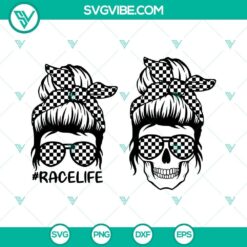 RaceLife Skull Racing Mom SVG Bundle with Sunglasses design, perfect for messy bun lovers. Ideal for crafting projects.