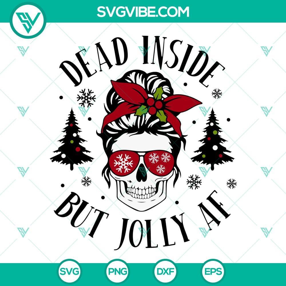 messy-bun-skull-christmas-svg-dead-inside-but-jolly-af-christmas-svg-mom-skull-christmas-svg-3-mockup.jpg Messy Bun Skull Christmas SVG design featuring "Dead Inside But Jolly AF" message, quirky holiday vibes for digital crafting projects.