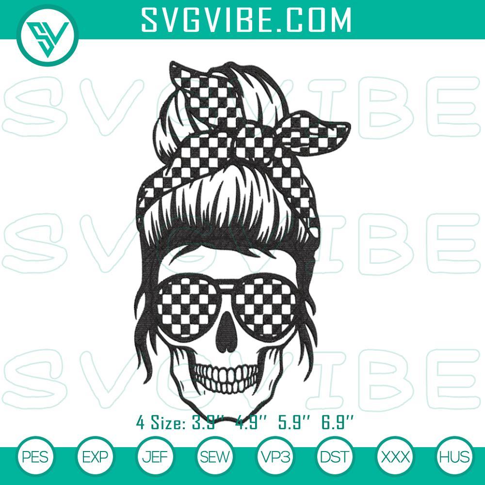 Messy Bun Skull Racing Embroidery Designs, Racing Mom Machine Embroidery Files Messy Bun Skull Racing Embroidery Design for Racing Moms, Machine File - Edgy skull design with messy bun, perfect for racing enthusiasts.