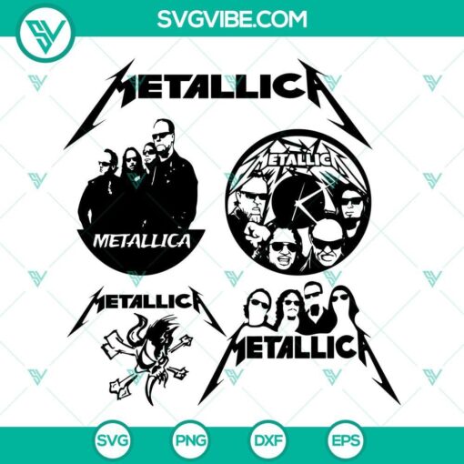Metallica SVG bundle with PNG, DXF, EPS files for cutting machines, featuring various Metallica band designs.