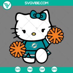 Miami Dolphins themed Hello Kitty cheerleader design in SVG, PNG, DXF, and EPS cut files for crafting projects.
