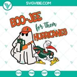 Miami Hurricanes football themed boo jee ghost Halloween SVG design with download options in PNG, DXF, and EPS formats.