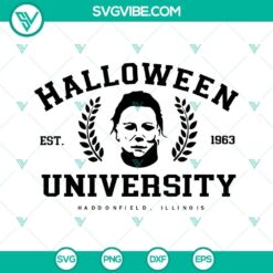 Michael Myers Halloween University SVG file for Cricut, featuring iconic horror character. Download PNG, DXF, EPS formats for crafting.