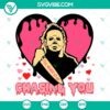 Michael Myers chasing heart-shaped locket, horror-themed Valentine's Day SVG image for fans of classic horror movies.