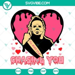 Michael Myers chasing heart-shaped locket, horror-themed Valentine's Day SVG image for fans of classic horror movies.