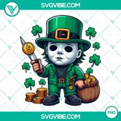 Michael Myers and other horror characters dressed for St. Patrick's Day event in PNG format, perfect for spooky holiday designs.