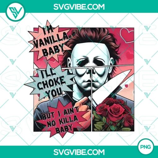 Michael Myers Valentine's Day PNG design with red hearts, roses, and "Happy Valentine's Day" text. Ideal for horror fans.