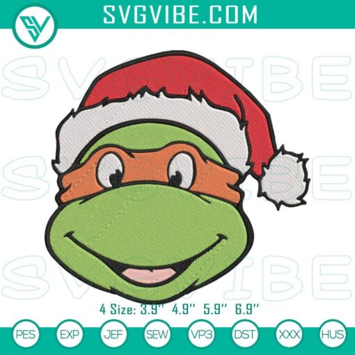 Holiday-themed Michaelangelo Ninja Turtle embroidery design for festive Christmas TMNT machine stitching.