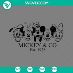 Mickey And Co EST 1928 SVG images featuring Mickey and Friends Disney characters. Includes PNG, EPS, DXF files for crafting projects.