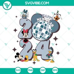 Disney Mickey and Friends Happy New Year 2024 SVG images featuring popular characters celebrating, ideal for digital projects.