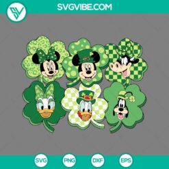 Disney Mickey and Friends Shamrock Leaf SVG featuring Saint Patrick’s Day theme in PNG, DXF, and EPS formats for download.