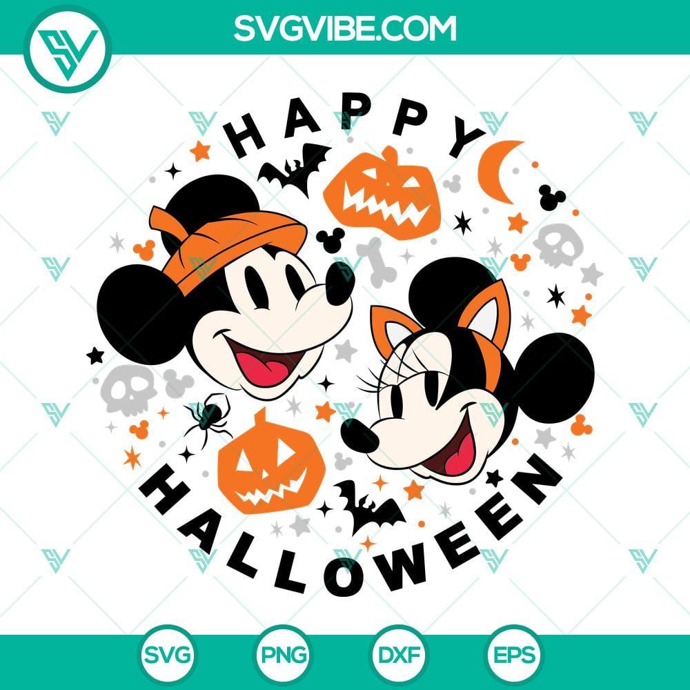 Mickey And Minnie Happy Halloween SVG Files For Cricut Silhouette Mickey and Minnie Halloween SVG images for Cricut and Silhouette featuring festive and cute design for crafting projects.