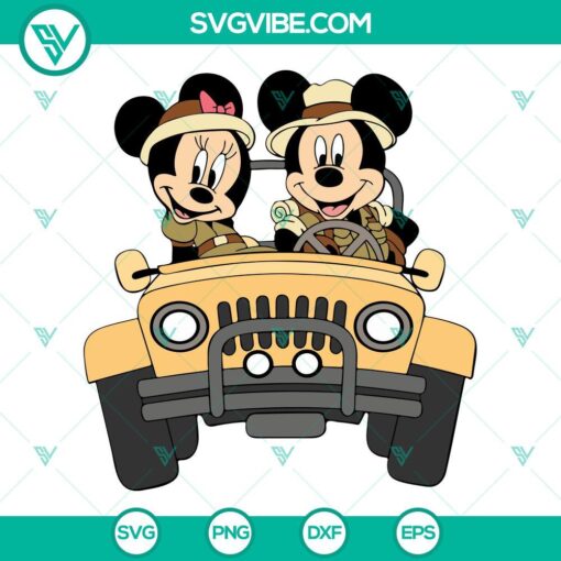 Mickey and Minnie Mouse riding in a Safari Jeep at Disney Animal Kingdom, SVG design for Disney fans.