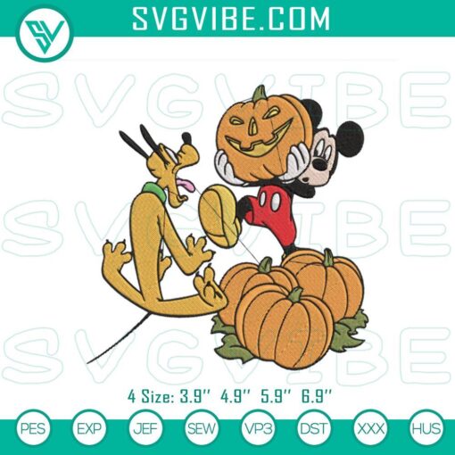 Mickey and Pluto Halloween pumpkins embroidery design, Disney friends themed file for digital crafting.