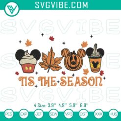 Embroidery design of fall coffee mouse with "Tis The Season" slogan, perfect for autumn coffee lovers.