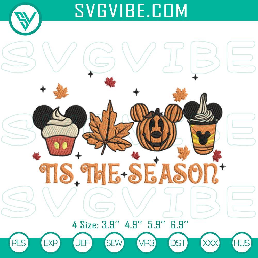 Mickey Fall Tis The Season Coffee Embroidery Design Files Embroidery design of fall coffee mouse with "Tis The Season" slogan, perfect for autumn coffee lovers.